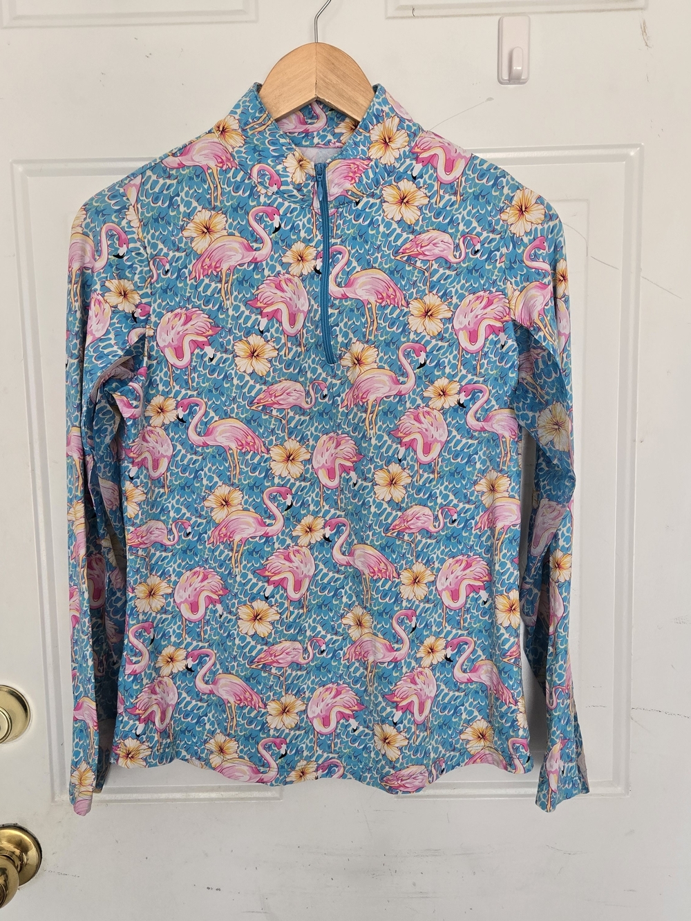 Ibkul Blue Flamingo Print Long Sleeve Golf Top Size M